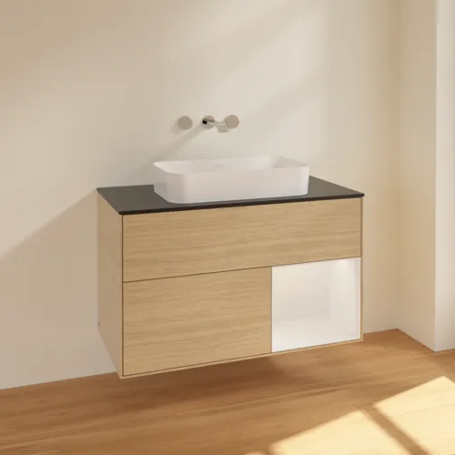 VILLEROY BOCH Toaletní skříňka Finion, s osvětlením, 2 výsuvy, 1000 x 603 x 501 mm, dubová dýha / lesklý bílý lak / černé matné sklo #F662GFPC, obrázek 2