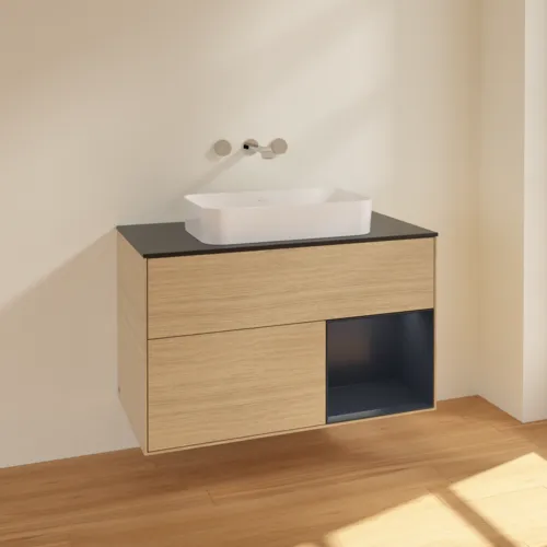 VILLEROY BOCH Toaletní skříňka Finion, s osvětlením, 2 výsuvy, 1000 x 603 x 501 mm, dubová dýha / půlnočně modrý matný lak / černé matné sklo #F662HGPC, obrázek 2