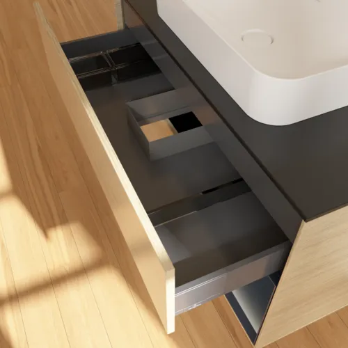 VILLEROY BOCH Toaletní skříňka Finion, s osvětlením, 2 výsuvy, 1000 x 603 x 501 mm, dubová dýha / půlnočně modrý matný lak / černé matné sklo #F662HGPC, obrázek 7