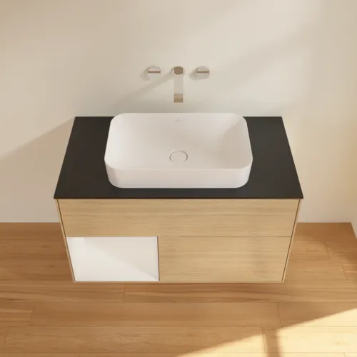 VILLEROY BOCH Toaletní skříňka Finion, s osvětlením, 2 výsuvy, 1000 x 603 x 501 mm, dubová dýha / lesklý bílý lak / černé matné sklo #F652GFPC, obrázek 4