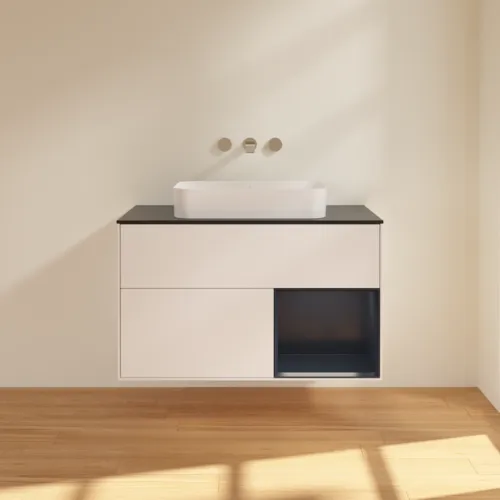VILLEROY BOCH Toaletní skříňka Finion, s osvětlením, 2 výsuvy, 1000 x 603 x 501 mm, bílý matný lak / půlnoční modrý matný lak / černé matné sklo #F662HGMT, obrázek 3