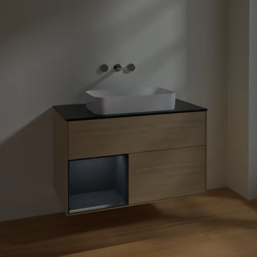 VILLEROY BOCH Toaletní skříňka Finion, s osvětlením, 2 výsuvy, 1000 x 603 x 501 mm, dubová dýha / půlnočně modrý matný lak / černé matné sklo #F652HGPC, obrázek 5