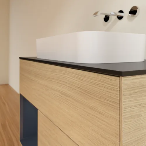 VILLEROY BOCH Toaletní skříňka Finion, s osvětlením, 2 výsuvy, 1000 x 603 x 501 mm, dubová dýha / půlnočně modrý matný lak / černé matné sklo #F652HGPC, obrázek 6