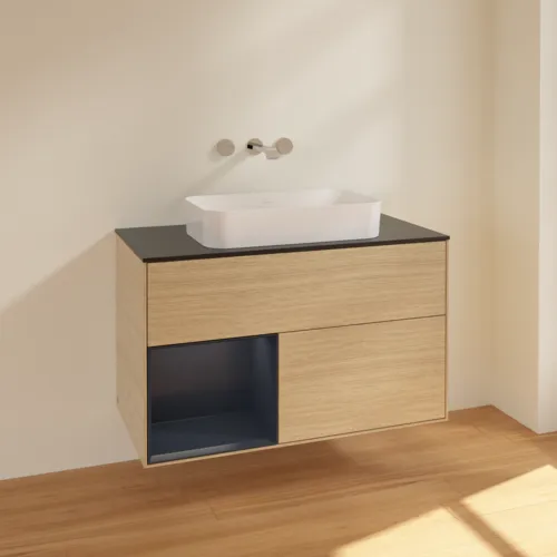 VILLEROY BOCH Toaletní skříňka Finion, s osvětlením, 2 výsuvy, 1000 x 603 x 501 mm, dubová dýha / půlnočně modrý matný lak / černé matné sklo #F652HGPC, obrázek 2