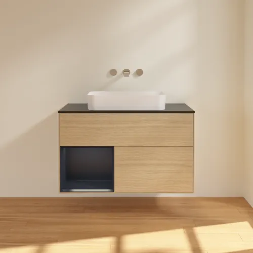 VILLEROY BOCH Toaletní skříňka Finion, s osvětlením, 2 výsuvy, 1000 x 603 x 501 mm, dubová dýha / půlnočně modrý matný lak / černé matné sklo #F652HGPC, obrázek 3