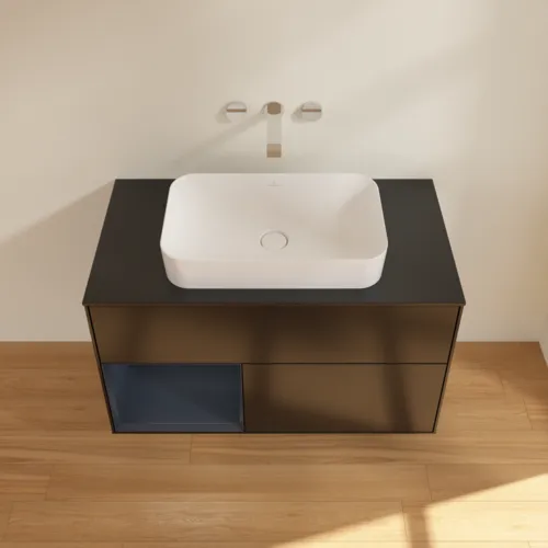 VILLEROY BOCH Toaletní skříňka Finion, s osvětlením, 2 výsuvy, 1000 x 603 x 501 mm, černý matný lak / půlnoční modrý matný lak / černé matné sklo #F652HGPD, obrázek 4