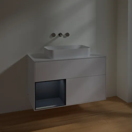 VILLEROY BOCH Toaletní skříňka Finion, s osvětlením, 2 výsuvy, 1000 x 603 x 501 mm, bílý matný lak / půlnoční modrý matný lak / bílé matné sklo #F651HGMT, obrázek 5