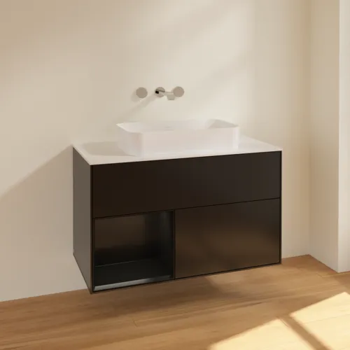 VILLEROY BOCH Toaletní skříňka Finion, s osvětlením, 2 výsuvy, 1000 x 603 x 501 mm, černý matný lak / černý matný lak / sklo bílé matné #F651PDPD, obrázek 2