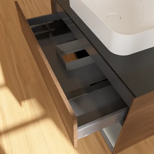 VILLEROY BOCH Toaletní stolek Finion, s osvětlením, 2 výsuvy, 1000 x 603 x 501 mm, ořechová dýha / antracitový matný lak / černé matné sklo #F662GKGN, obrázek 8