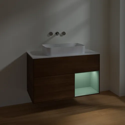 VILLEROY BOCH Toaletní stolek Finion, s osvětlením, 2 výsuvy, 1000 x 603 x 501 mm, ořechová dýha / olivový matný lak / sklo bílé matné #F661GMGN, obrázek 5