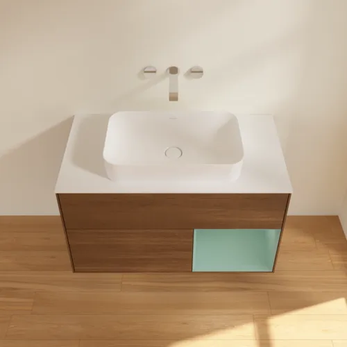 VILLEROY BOCH Toaletní stolek Finion, s osvětlením, 2 výsuvy, 1000 x 603 x 501 mm, ořechová dýha / olivový matný lak / sklo bílé matné #F661GMGN, obrázek 4