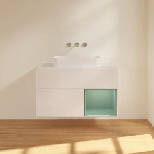 VILLEROY BOCH Toaletní skříňka Finion, s osvětlením, 2 výsuvy, 1000 x 603 x 501 mm, lesklý bílý lak / olivově matný lak / sklo bílé matné #F661GMGF, obrázek 3