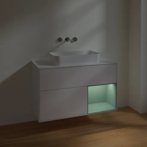 VILLEROY BOCH Toaletní skříňka Finion, s osvětlením, 2 výsuvy, 1000 x 603 x 501 mm, lesklý bílý lak / olivově matný lak / sklo bílé matné #F661GMGF, obrázek 5