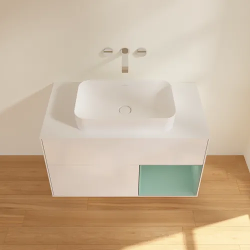 VILLEROY BOCH Toaletní skříňka Finion, s osvětlením, 2 výsuvy, 1000 x 603 x 501 mm, lesklý bílý lak / olivově matný lak / sklo bílé matné #F661GMGF, obrázek 4
