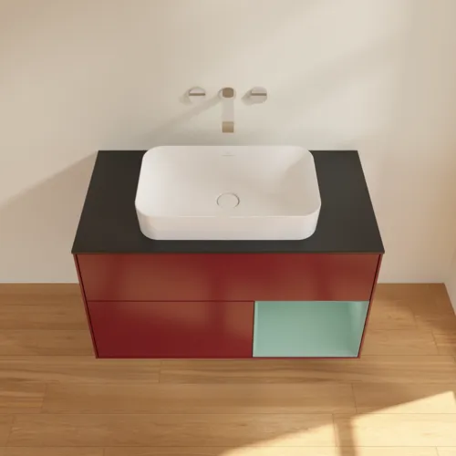 VILLEROY BOCH Toaletní skříňka Finion, s osvětlením, 2 výsuvy, 1000 x 603 x 501 mm, Pivoňka matný lak / Olivový matný lak / Sklo černé matné #F662GMHB, obrázek 4