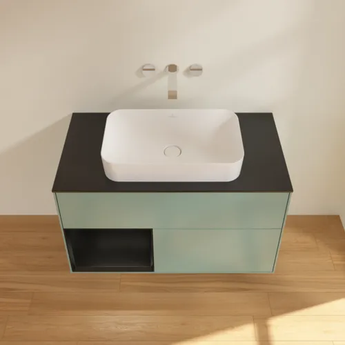 VILLEROY BOCH Toaletní skříňka Finion, s osvětlením, 2 výsuvy, 1000 x 603 x 501 mm, olivový matný lak / černý matný lak / černé matné sklo #F652PDGM, obrázek 4