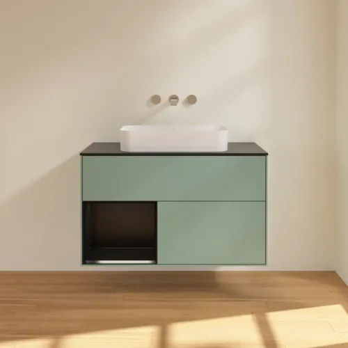 VILLEROY BOCH Toaletní skříňka Finion, s osvětlením, 2 výsuvy, 1000 x 603 x 501 mm, olivový matný lak / černý matný lak / černé matné sklo #F652PDGM, obrázek 3