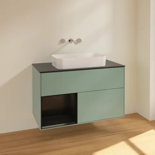 VILLEROY BOCH Toaletní skříňka Finion, s osvětlením, 2 výsuvy, 1000 x 603 x 501 mm, olivový matný lak / černý matný lak / černé matné sklo #F652PDGM, obrázek 2