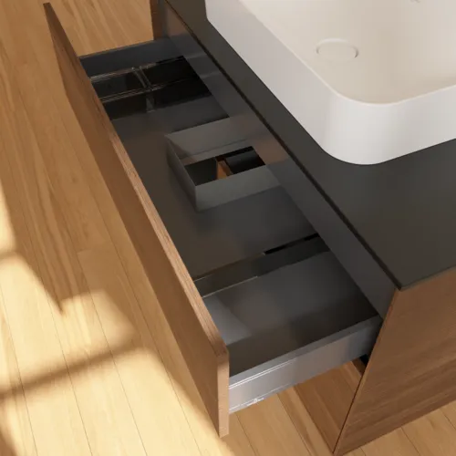 VILLEROY BOCH Toaletní skříňka Finion, s osvětlením, 2 výsuvy, 1000 x 603 x 501 mm, ořechová dýha / černý matný lak / černé matné sklo #F652PDGN, obrázek 8