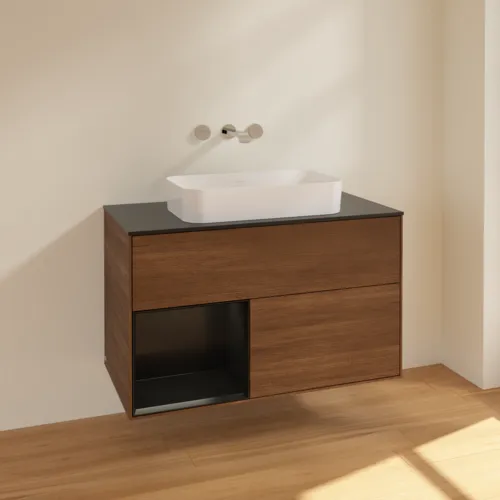 VILLEROY BOCH Toaletní skříňka Finion, s osvětlením, 2 výsuvy, 1000 x 603 x 501 mm, ořechová dýha / černý matný lak / černé matné sklo #F652PDGN, obrázek 2