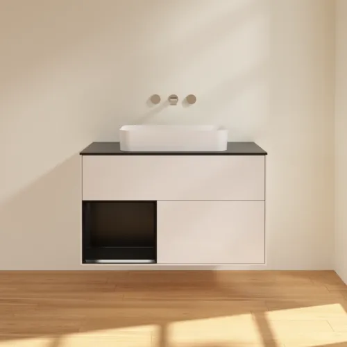 VILLEROY BOCH Umyvadlová skříňka Finion, s osvětlením, 2 výsuvy, 1000 x 603 x 501 mm, lesklý bílý lak / černý matný lak / černé matné sklo #F652PDGF, obrázek 3
