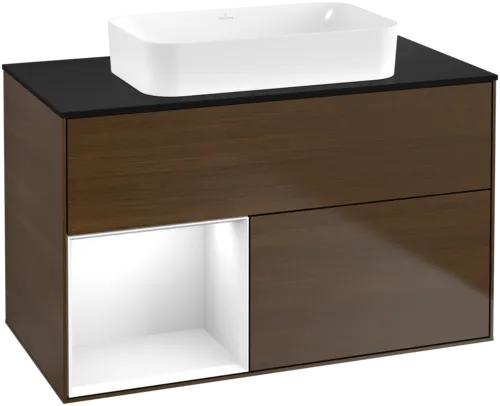 VILLEROY BOCH Toaletní skříňka Finion, s osvětlením, 2 výsuvy, 1000 x 603 x 501 mm, ořechová dýha / lesklý bílý lak / sklo černé matné #F652GFGN