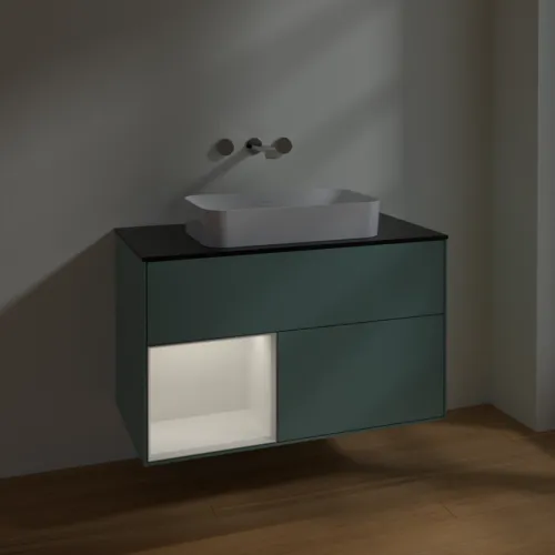 VILLEROY BOCH Toaletní skříňka Finion, s osvětlením, 2 výsuvy, 1000 x 603 x 501 mm, olivový matný lak / lesklý bílý lak / sklo černé matné #F652GFGM, obrázek 5