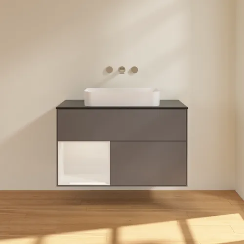 VILLEROY BOCH Toaletní skříňka Finion, s osvětlením, 2 výsuvy, 1000 x 603 x 501 mm, antracit matný lak / lesklý bílý lak / sklo černé matné #F652GFGK, obrázek 3