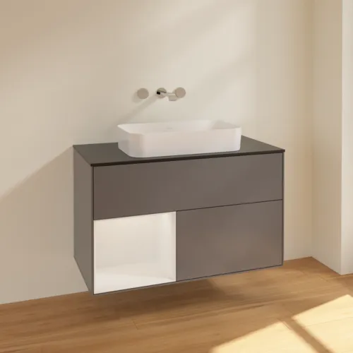 VILLEROY BOCH Toaletní skříňka Finion, s osvětlením, 2 výsuvy, 1000 x 603 x 501 mm, antracit matný lak / lesklý bílý lak / sklo černé matné #F652GFGK, obrázek 2