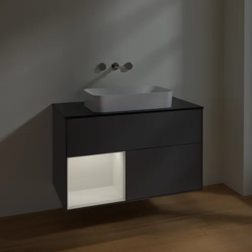 VILLEROY BOCH Toaletní skříňka Finion, s osvětlením, 2 výsuvy, 1000 x 603 x 501 mm, antracit matný lak / lesklý bílý lak / sklo černé matné #F652GFGK, obrázek 5