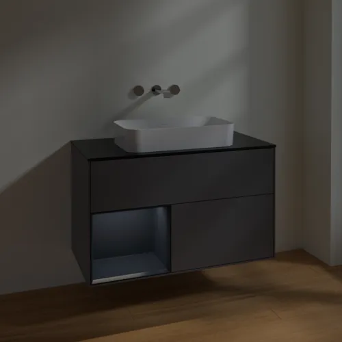 VILLEROY BOCH Toaletní skříňka Finion, s osvětlením, 2 výsuvy, 1000 x 603 x 501 mm, antracitový matný lak / půlnoční modrý matný lak / černé matné sklo #F652HGGK, obrázek 5