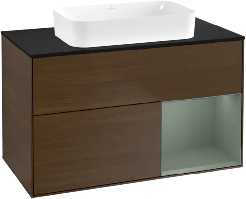 VILLEROY BOCH Toaletní skříňka Finion, s osvětlením, 2 výsuvy, 1000 x 603 x 501 mm, ořechová dýha / olivový matný lak / sklo černé matné #F662GMGN