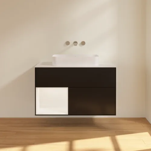 VILLEROY BOCH Toaletní skříňka Finion, s osvětlením, 2 výsuvy, 1000 x 603 x 501 mm, černý matný lak / bílý matný lak / bílé matné sklo #F651MTPD, obrázek 3