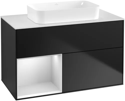 VILLEROY BOCH Toaletní skříňka Finion, s osvětlením, 2 výsuvy, 1000 x 603 x 501 mm, černý matný lak / bílý matný lak / bílé matné sklo #F651MTPD