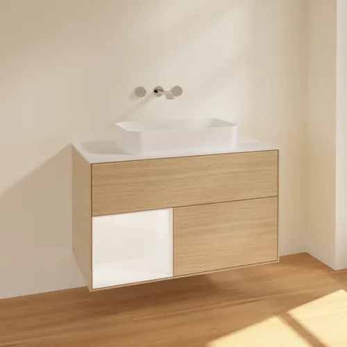 VILLEROY BOCH Toaletní skříňka Finion, s osvětlením, 2 výsuvy, 1000 x 603 x 501 mm, dubová dýha / bílý matný lak / sklo bílé matné #F651MTPC, obrázek 2