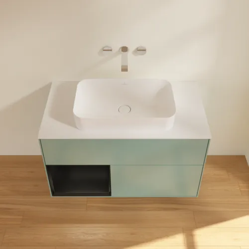 VILLEROY BOCH Toaletní skříňka Finion, s osvětlením, 2 výsuvy, 1000 x 603 x 501 mm, olivový matný lak / černý matný lak / bílé matné sklo #F651PDGM, obrázek 4