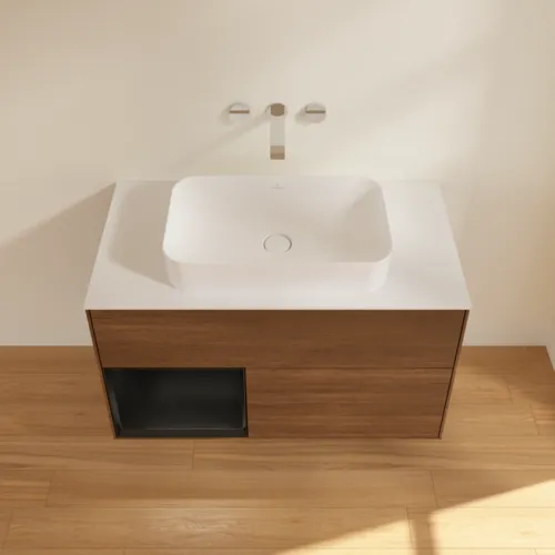 VILLEROY BOCH Toaletní stolek Finion, s osvětlením, 2 výsuvy, 1000 x 603 x 501 mm, ořechová dýha / černý matný lak / sklo bílé matné #F651PDGN, obrázek 4