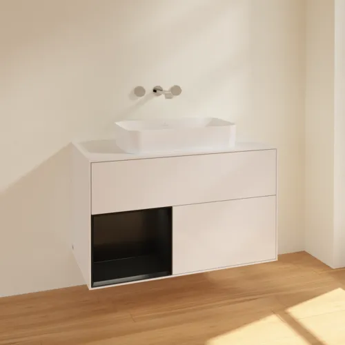 VILLEROY BOCH Umyvadlová skříňka Finion, s osvětlením, 2 výsuvy, 1000 x 603 x 501 mm, lesklý bílý lak / černý matný lak / bílé matné sklo #F651PDGF, obrázek 2