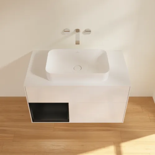 VILLEROY BOCH Umyvadlová skříňka Finion, s osvětlením, 2 výsuvy, 1000 x 603 x 501 mm, lesklý bílý lak / černý matný lak / bílé matné sklo #F651PDGF, obrázek 4