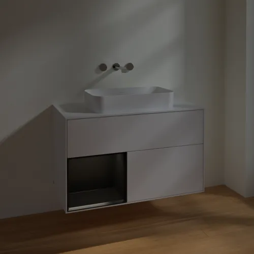 VILLEROY BOCH Umyvadlová skříňka Finion, s osvětlením, 2 výsuvy, 1000 x 603 x 501 mm, lesklý bílý lak / černý matný lak / bílé matné sklo #F651PDGF, obrázek 5