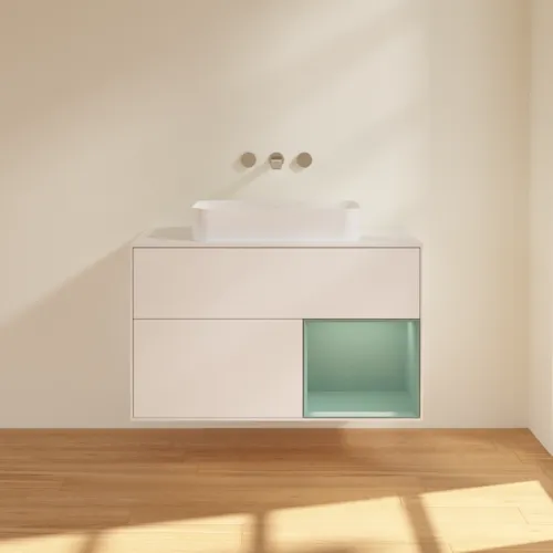 VILLEROY BOCH Toaletní skříňka Finion, s osvětlením, 2 výsuvy, 1000 x 603 x 501 mm, bílý matný lak / olivový matný lak / bílé matné sklo #F661GMMT, obrázek 3