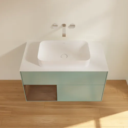 VILLEROY BOCH Toaletní skříňka Finion, s osvětlením, 2 výsuvy, 1000 x 603 x 501 mm, olivový matný lak / ořechová dýha / sklo bílé matné #F651GNGM, obrázek 4