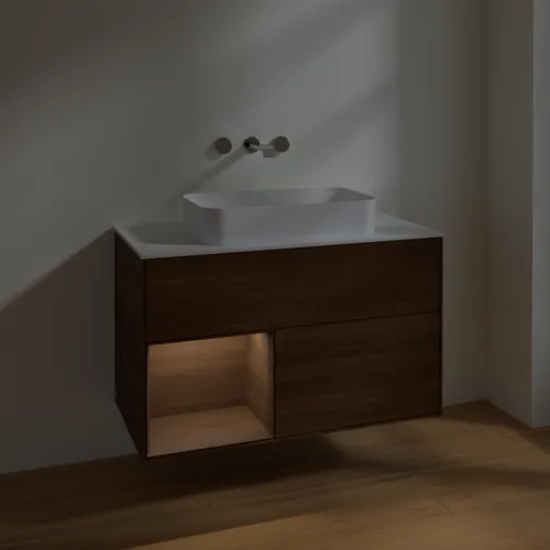 VILLEROY BOCH Toaletní stolek Finion, s osvětlením, 2 výsuvy, 1000 x 603 x 501 mm, ořechová dýha / ořechová dýha / sklo bílé matné #F651GNGN, obrázek 5