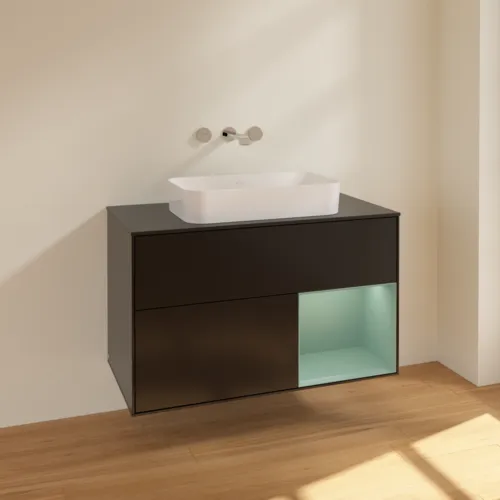VILLEROY BOCH Toaletní skříňka Finion, s osvětlením, 2 výsuvy, 1000 x 603 x 501 mm, černý matný lak / olivový matný lak / černé matné sklo #F662GMPD, obrázek 2
