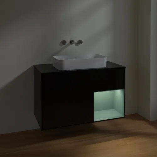 VILLEROY BOCH Toaletní skříňka Finion, s osvětlením, 2 výsuvy, 1000 x 603 x 501 mm, černý matný lak / olivový matný lak / černé matné sklo #F662GMPD, obrázek 5