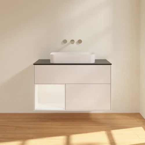 VILLEROY BOCH Umyvadlová skříňka Finion, s osvětlením, 2 výsuvy, 1000 x 603 x 501 mm, lesklý bílý lak / bílý matný lak / černé matné sklo #F652MTGF, obrázek 3