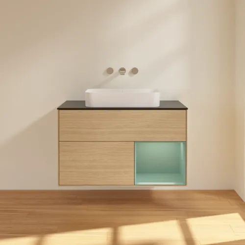 VILLEROY BOCH Toaletní skříňka Finion, s osvětlením, 2 výsuvy, 1000 x 603 x 501 mm, dubová dýha / olivově matný lak / sklo černé matné #F662GMPC, obrázek 3