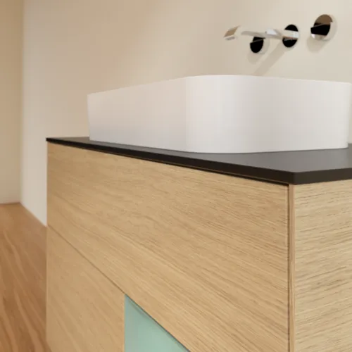 VILLEROY BOCH Toaletní skříňka Finion, s osvětlením, 2 výsuvy, 1000 x 603 x 501 mm, dubová dýha / olivově matný lak / sklo černé matné #F662GMPC, obrázek 6