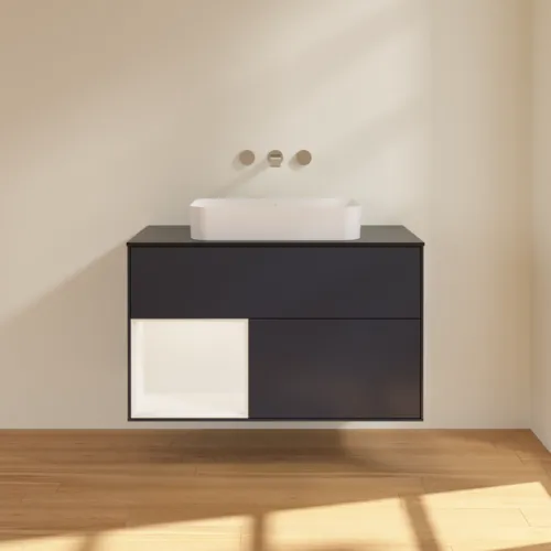 VILLEROY BOCH Toaletní skříňka Finion, s osvětlením, 2 výsuvy, 1000 x 603 x 501 mm, Midnight Blue Matt Lacquer / White Matt Lacquer / Glass Black Matt #F652MTHG, obrázek 3