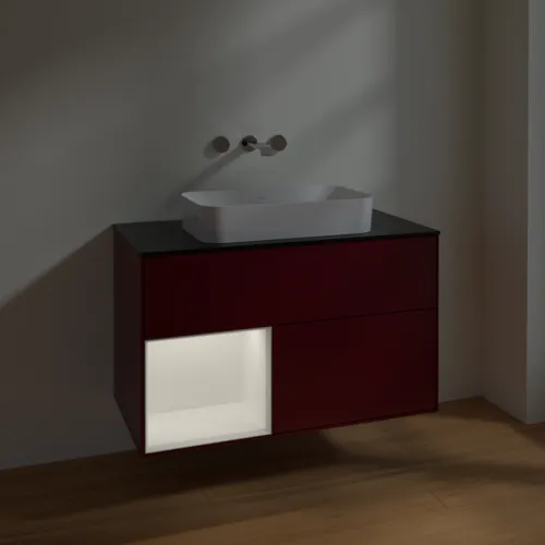 VILLEROY BOCH Toaletní skříňka Finion, s osvětlením, 2 výsuvy, 1000 x 603 x 501 mm, Pivoňka matný lak / Bílý matný lak / Sklo černé matné #F652MTHB, obrázek 5